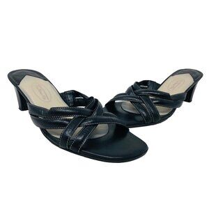 Talbots Sandal Womens 6B Black Leather Strappy Mid Kitten Heel Open Toe Slip On